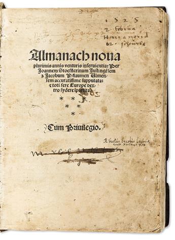 Stöffler [Stoeffler], Johannes (1452-1531) & Jacob Pflaum. Almanach Nova Plurimis Annis Venturis Inservientia.